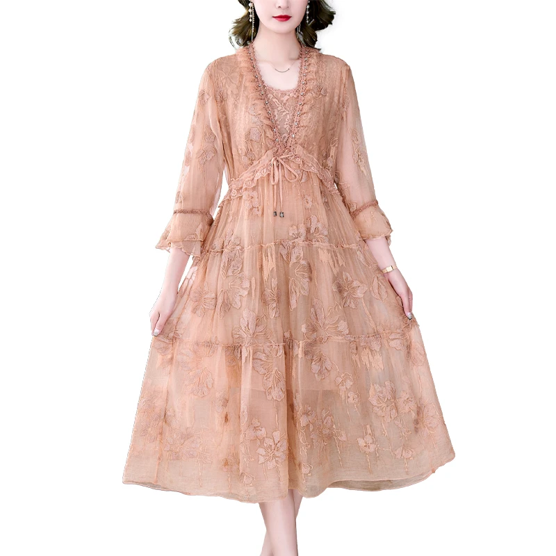 2022 New Spring Summer Women Mulberry Silk Dresses Vintage Mesh Floral Embroidery Dress Elegant A Line Bodycon Party Vestidos
